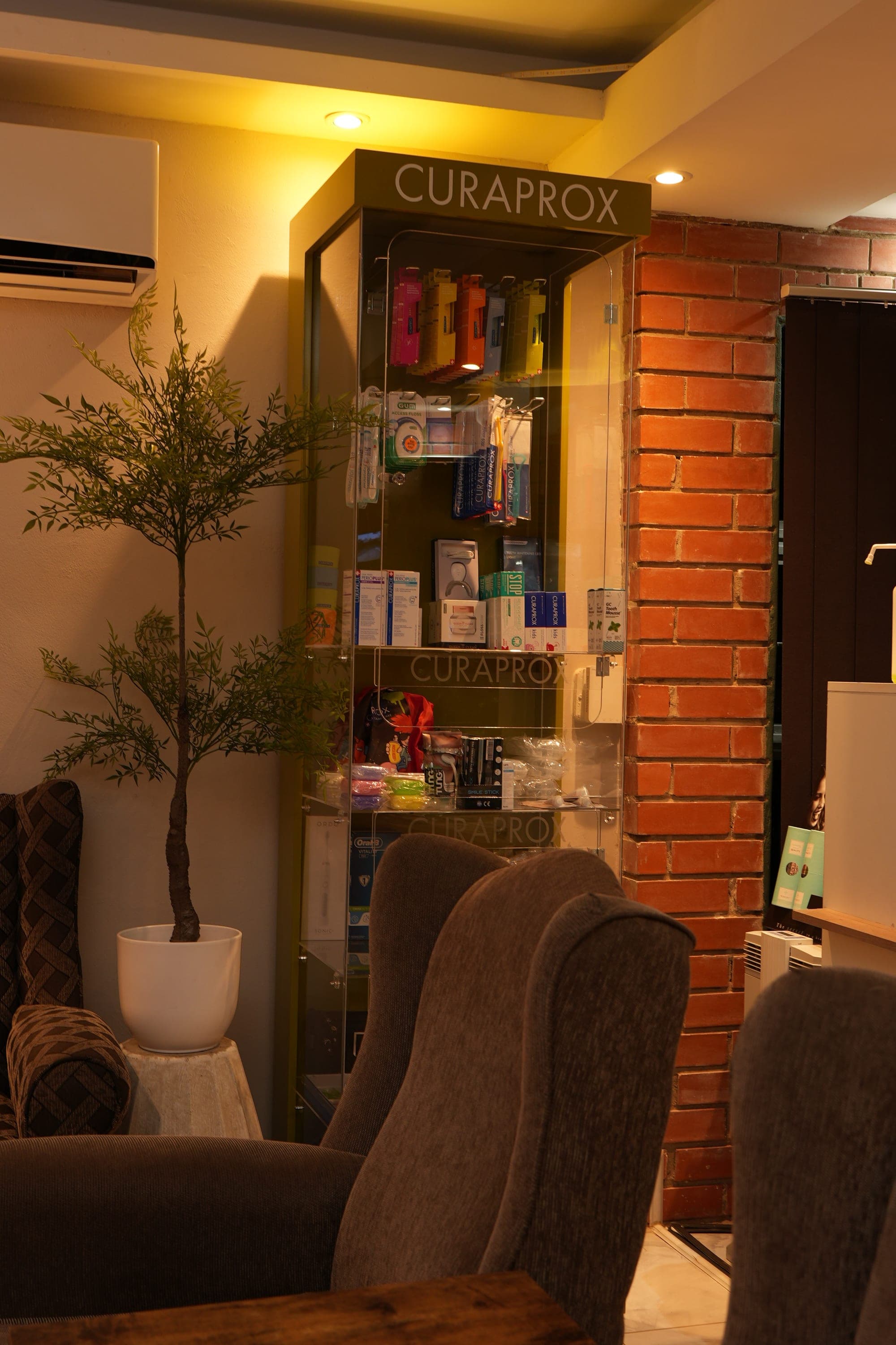 A lit display cabinet of oral-care products beside a brick pillar at Catford Dental, with an olive tree and waiting-room armchairs in front of it.