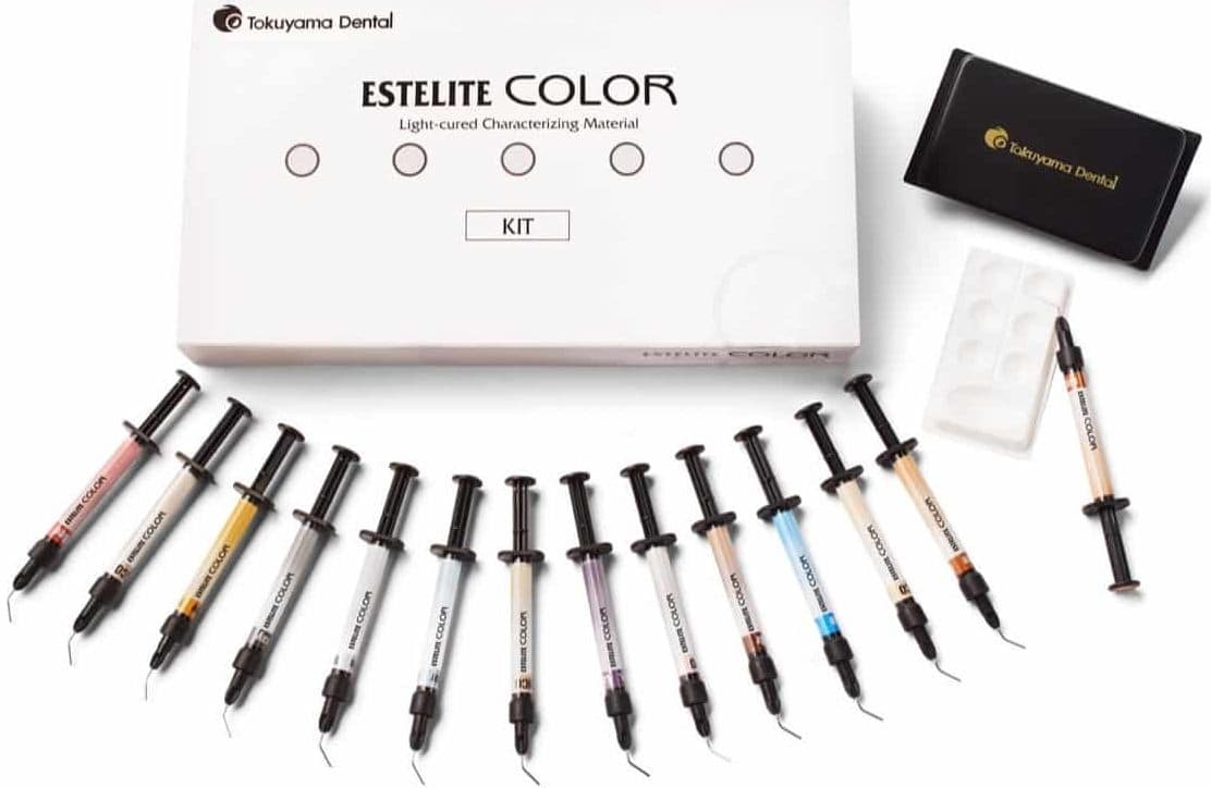 The Estelite Color characterising tints used to paint translucency and opacity into the biting edges by hand.